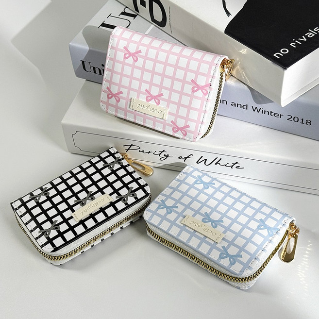 모던허니 여성 리본 체크 지퍼 아코디언 미니 학생 카드 지갑 반지갑