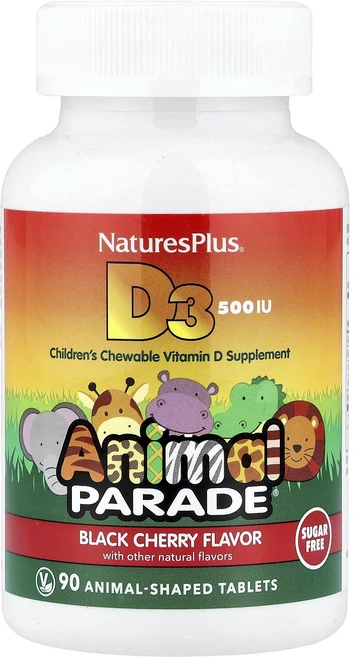 NaturesPlus Animal Parade 비타민D3 무설탕 블랙 체리 12.5mcg(500IU) 동물 모양 정제 90정, 1개 - 쿠팡
