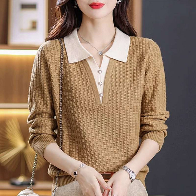 타임퓨어 이쁜 여성 페이크 투피스 카라넥 긴팔 니트티셔츠 봄가을 투인원 니트티 상의 스웨터 엄마옷