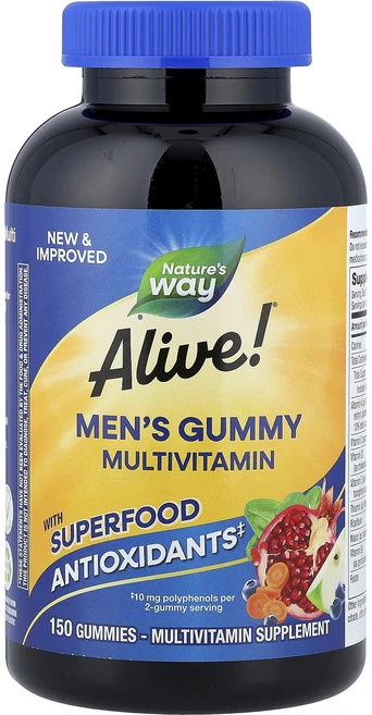 단백질 비타민 철분 마그내슘 칼슘 Nature's Way Alive!® 남성용 구미젤리 종합비타민 과일 맛 구미젤리 150개 고루고루섭취해주세요, 1개 - 쿠팡