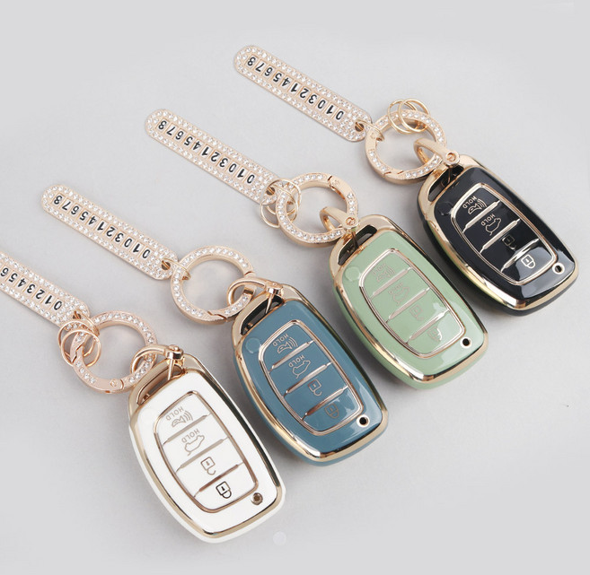 현대 자동차 키케이스 YF쏘나타 제네시스 쿠페 그랜저TG 아반떼MD 싼타페 베라크루즈 에쿠스 투싼IX I30GD 차 스마트키 TPU 케이스 4버튼, HK01 호환 그린-골드