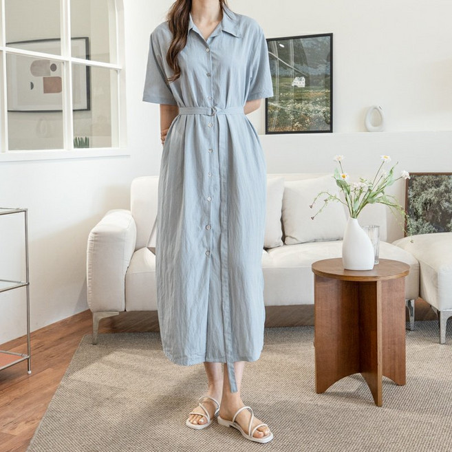 라온 레이온 심플 H라인 루즈핏 벨트 셔츠 남방 롱 원피스