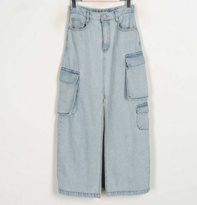 【高腰顯瘦A字】牛仔半身裙 工裝裙 休閒裙 A字裙 半身裙 韓版大口袋 鬆緊腰設計 春季新品 街頭潮搭 百搭時尚