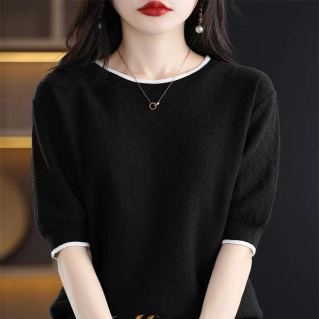 PETITBATH 여름 배색 니트 라운드 반팔 박시 티 W1674