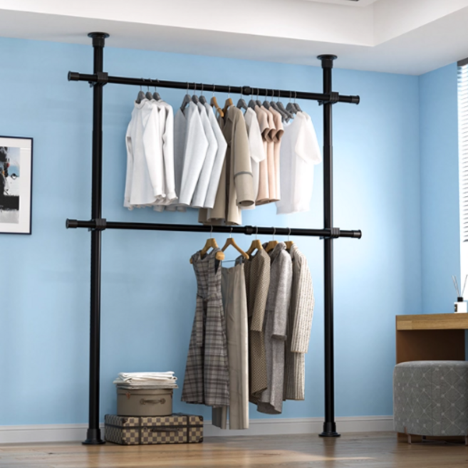 [국내브랜드]라온리빙 철제 조립식 시스템 행거 32/38파이(mm), 블랙_2단 확장형