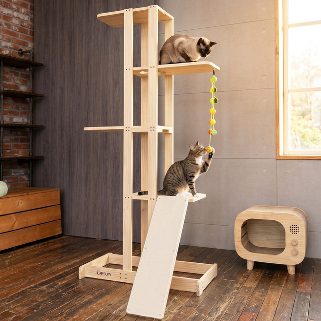 더따슴 국내제작 DIY 대형 원목 180cm 높은 캣타워 5단, 크림, 1개