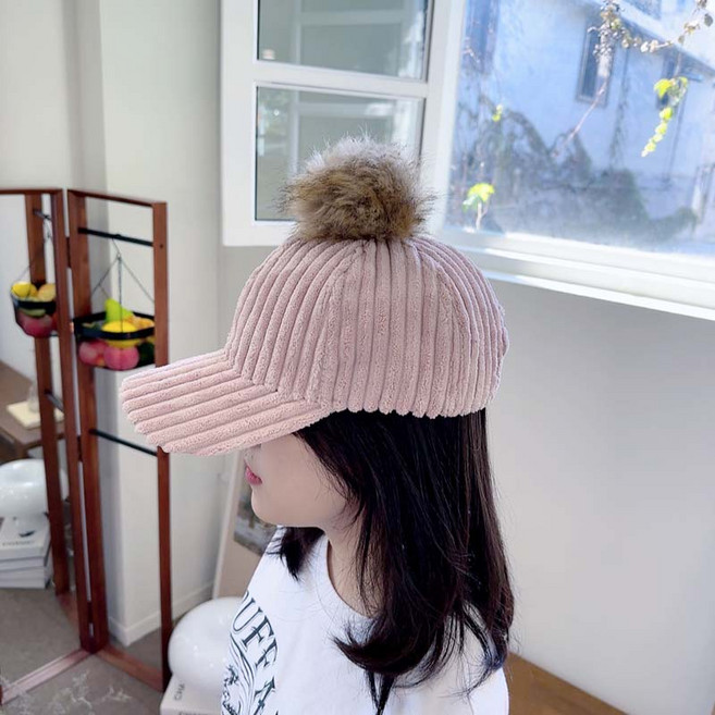 겨울 여성 골덴 코듀로이 방울 털 캡 모자