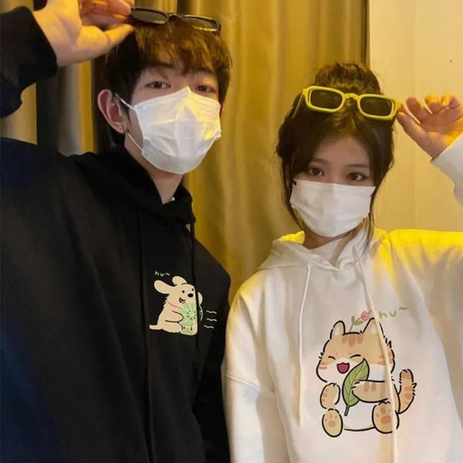 1+1 강아지 후드 맨투맨 남여공용 봄가을 후드 루즈핏 후드티 기모