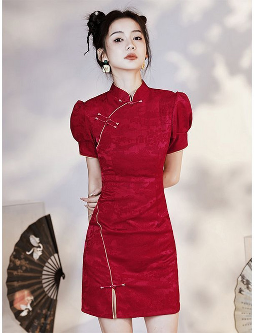 新款小個子酒紅色旗袍 喜氣伴娘裙 優雅回門短款裙子