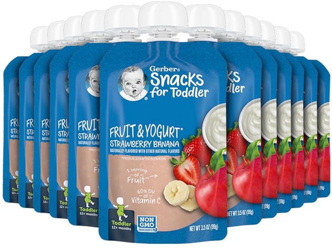 Gerber Baby Food Pouches Toddler 12+ Months 거버 이유식 파우치 토들러 12개월이상 과일 요거트, 12개, 99g, 과일요거트