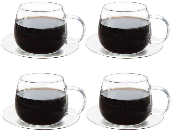 에일린 내열유리 찻잔+받침세트 340ml, 4개, 투명