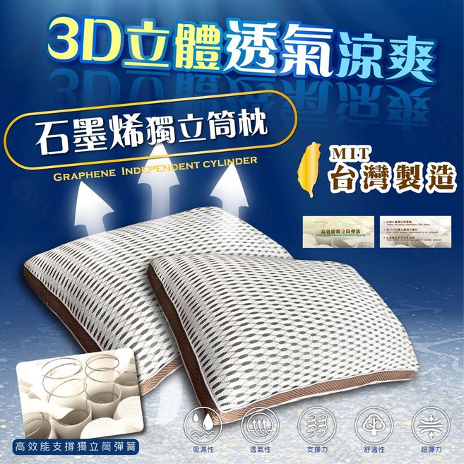 SIRRAH 3D 石墨烯獨立筒枕 台灣製造 Q彈透氣, 詳見包裝, 2入