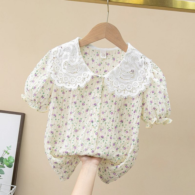 Toruva어린이 봄여름 러블리 리본 꽃무늬 반팔 레이스 블라우스 14세 이상