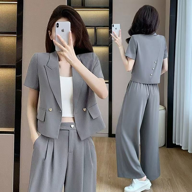 여성용 패션 정장 세트 봄 여름 캐주얼 오피스룩 셋트 반팔 작은 키 얇은 정장 코트 + 루즈핏 와이드 바지 투피스 YMY