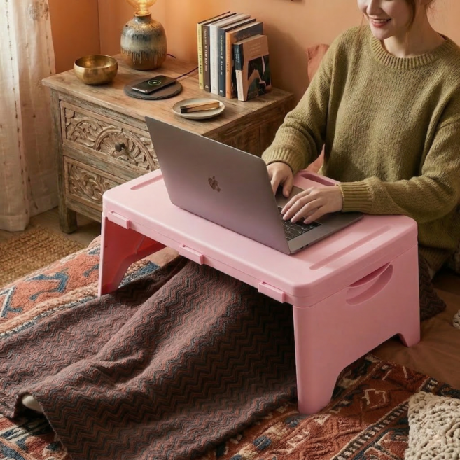 일상담다 휴대편한 접이식 베드테이블 수납공간 미니 책상, 핑크