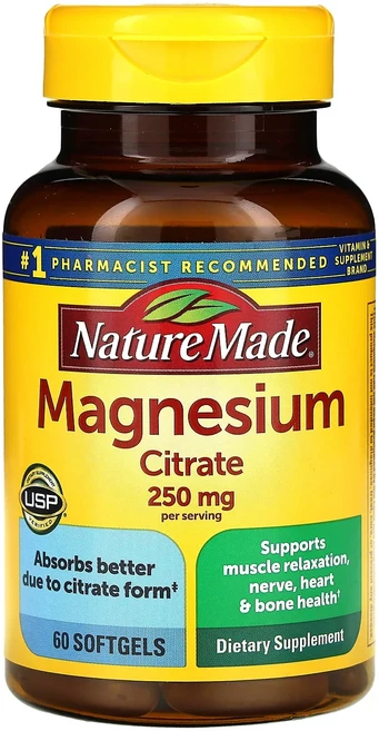 단백질 비타민 철분 마그내슘 칼슘 Nature Made 마그네슘시트레이트 소프트젤 60정(소프트젤 1정당 125mg) 고루고루섭취해주세요, 1개, 60정 - 쿠팡