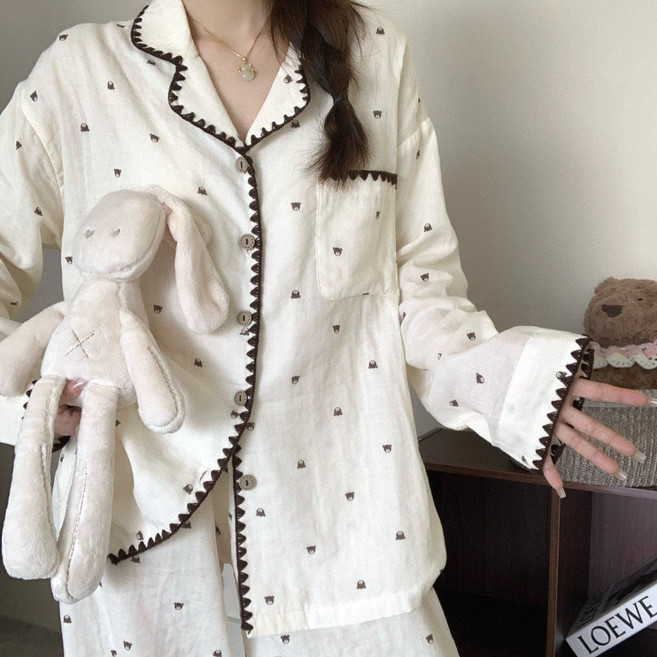 라블라네 파이핑 얇은 긴팔 파자마 잠옷 수면안대 세트