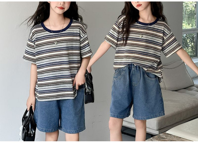 Toruva어린이 여름 스트라이프 반팔 티셔츠 패셔너블 캐주얼 귀여운 스타일14세 이상