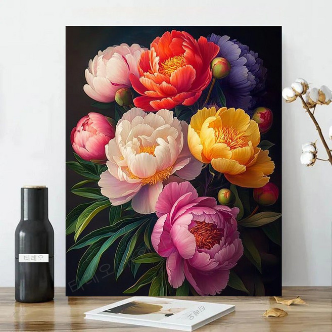 보석십자수 캔버스형 원형비즈십자수 DIY키트 40x50cm 3D 대형 선물용 재물 객실 풍수 인테리어, 1세트, 22 부귀 모란꽃