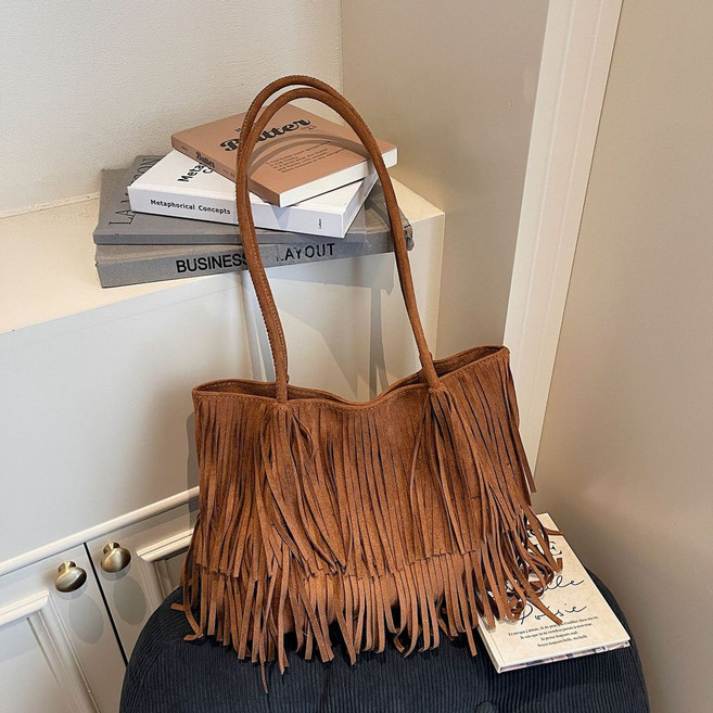Gesen 流蘇包 托特包 單肩包, 棕色