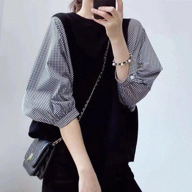 로렌미 고방체크 가오리핏 티 블라우스 S260122SS-1