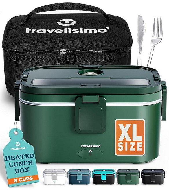 Travelisimo TRAVELISIMO 성인용 엑스트라 라지 전기 런치 박스 최대 8컵 보관 - 남성용 100W 온열 박스 1.8L 여행 및 작업을 위한 휴대용 푸드 워, 다크 그린