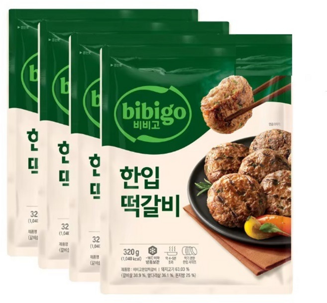 비비고 한입떡갈비 4개 아즈마 미치나가 분쇄가공육제품 비살균제품 돼지고기 밥반찬 불향 소비톨 감미료, CJ 비비고 한입떡갈비 320g x 4개, 320g