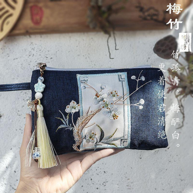 暮玲 原創精品 布藝古風 拉鍊刺繡 手機鑰匙 帆布手拿零錢包