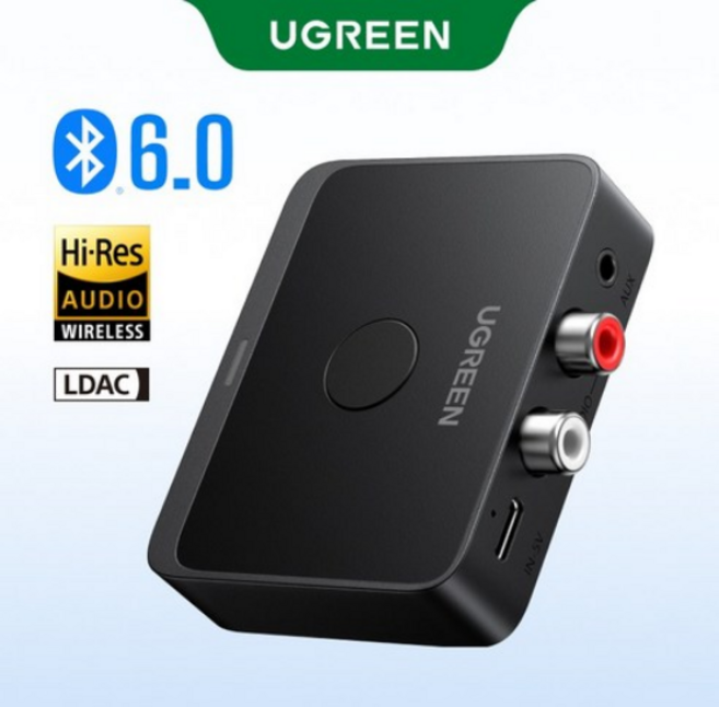 BT505 UGREEN AUX Bluetooth 수신기 LDAC AAC Hi-Fi 3.5mm 잭 Bluetooth 6.0 어댑터 수신기 15h 자동차 스피커 PC 용, 1개, Black, BT505 LDAC