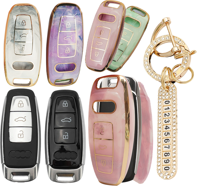 아야 아우디 골드 마블 폴딩키 케이스 키홀더 + 번호판 큐빅 키링 세트 A4 A6 A7 A8 Q3 Q7 Q8, (퍼플) 3버튼 D타입(TC-09), (골드) 큐빅 넘버키링