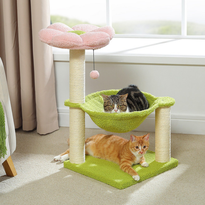 PAWZ Road 3단 귀여운 플라워 소형 캣타워 꽃모양 전망대+스크래쳐 기둥+해멱, 1개, 핑크