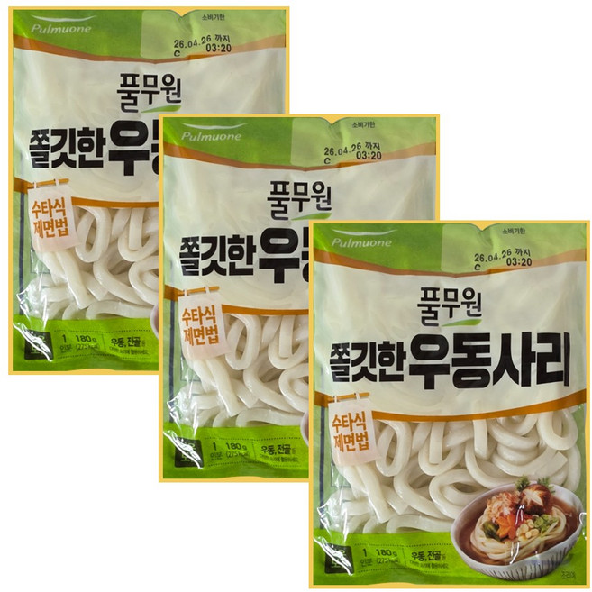 풀무원 쫄깃한 우동사리 (1인) 개별포장 실온보관, 3개, 180g