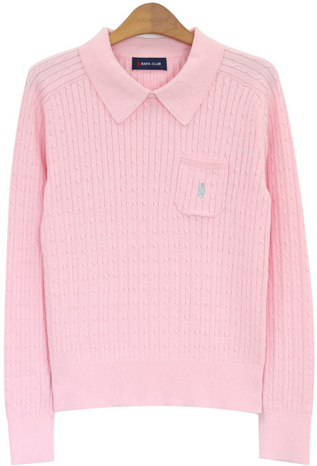 라파클럽 여성 잔꽈배기 카라 포켓 니트 스웨터 면 100%