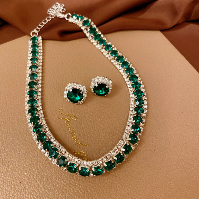 FANSYLI 고급스러운 큐빅 쥬얼리 세트 블링블링 컬러목걸이+귀걸이 2P세트 트렌디한 빈티지 신부 웨딩 파티 드레스 액세서리 세트 W2411N18