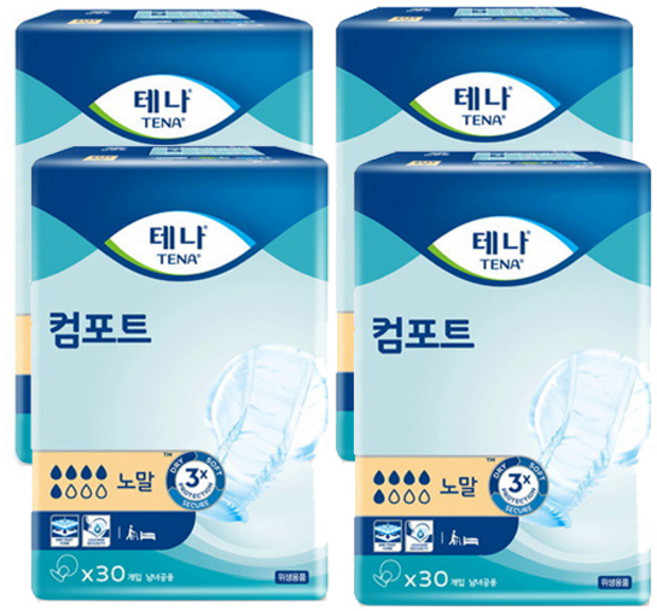 테나 [컴포트 노말] 일자형패드 30개입X4팩/120입, 1박스, 120개입