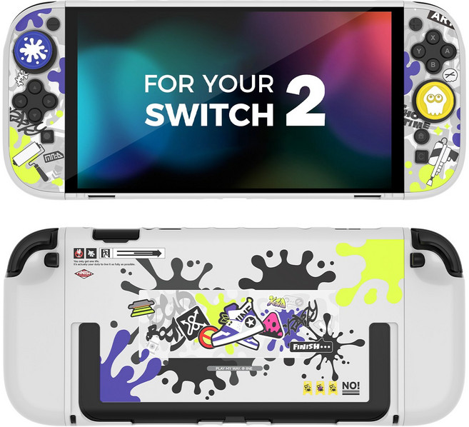 이이네 Switch 2 콘솔 보호 케이스 세트 닌텐도 스위치2 풀커버 스위치2 독 호환 조이스틱 캡 2개 포함 전면 보호 케이스 세트, 1세트, 스플래툰 보호 케이스, L1166