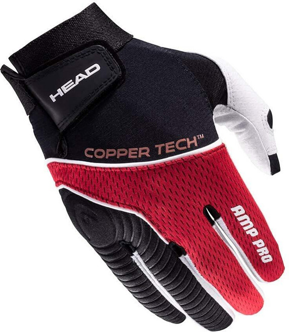 HEAD 가죽 라켓볼 장갑 - AMP Pro Copper Tech 오른손 및 왼손용 블랙/실버/레드 왼쪽 라지112871, 오른쪽