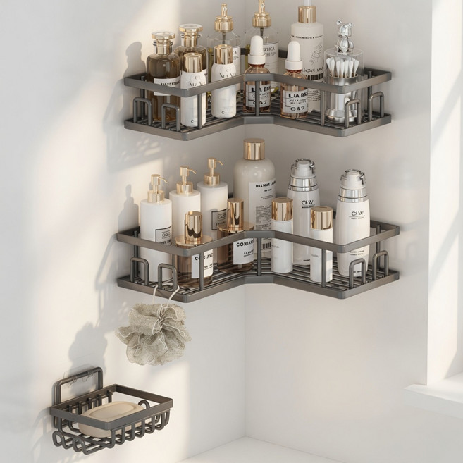 유앤아이 코너형 욕실선반 무타공 정리대, 3개 세트, 블랙