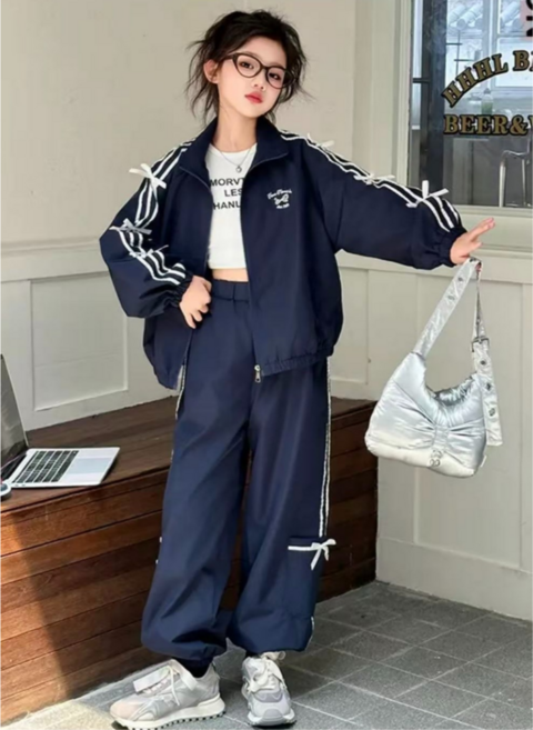 하와즈 줄무늬 리본장식 집업 상하 트레이닝 세트