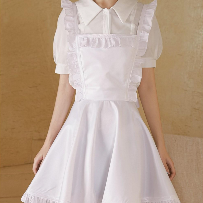 골드지아 프릴 방수 원피스 앞치마 J2876, 화이트, 1개