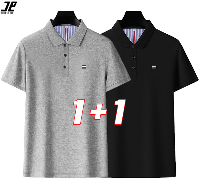 타임퓨어 남성 폴로 셔츠 1+1 쿨론 카라 반팔 티셔츠 터틀넥 상의 빅사이즈 중년 아빠룩 루즈핏 패션 여름 폴로넥 2종 세트