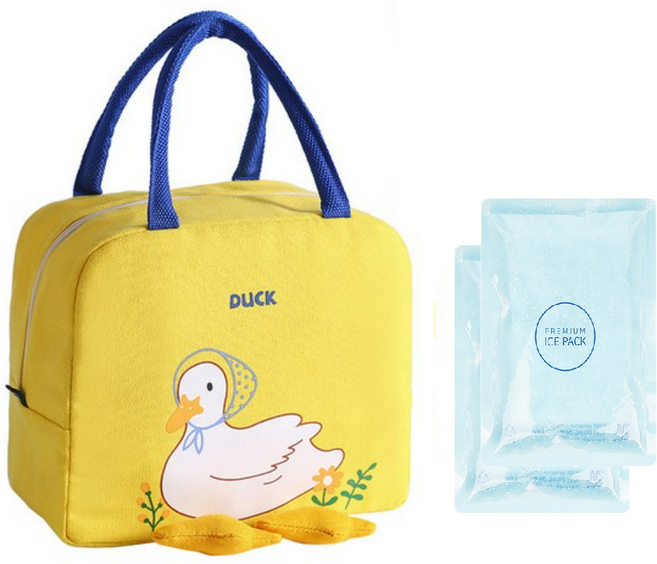 헬퍼샵 오리 보온 보냉백 5종 색상 도시락 가방, 옐로우 1개 + 젤 아이스팩 세트