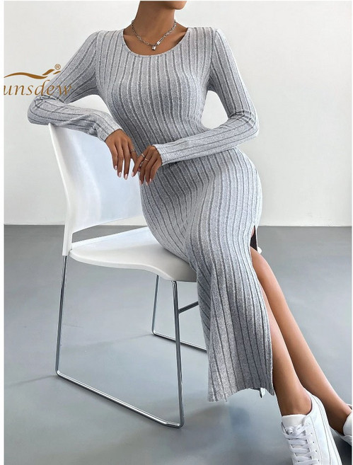 Sunsdew 가을 겨울 롱니트원피스 긴팔 라운드 트임 니트 롱 원피스 정장원피스
