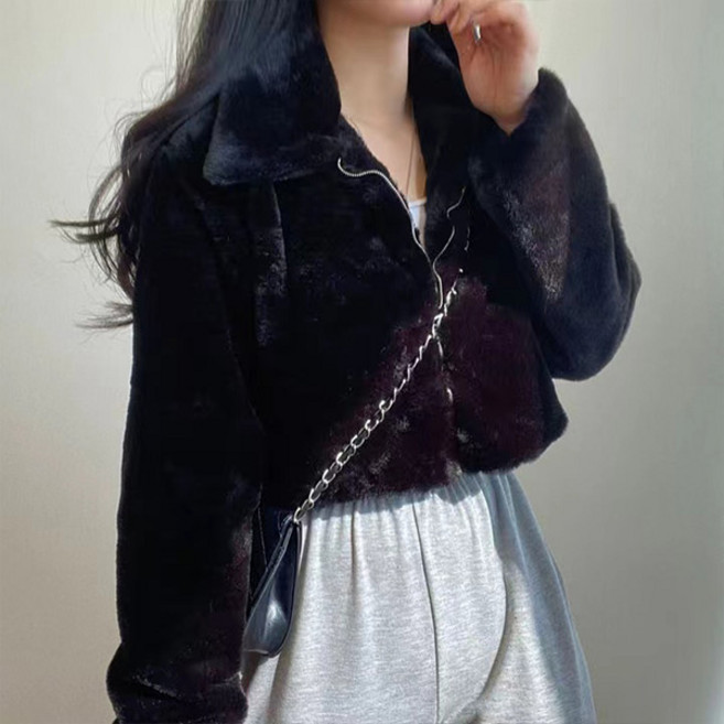 라라홀리 베이비 밍크 카라 크롭 집업 퍼 자켓