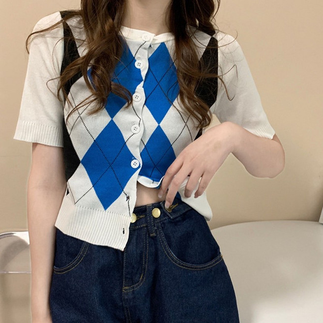 아이엠몽 여성용 아가룬 아가일 패턴 니트 반팔 가디건 티셔츠