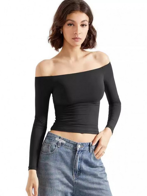 쭌스몰 오프숄더 긴팔 셔츠 여성 슬림핏 크롭탑 어깨트임