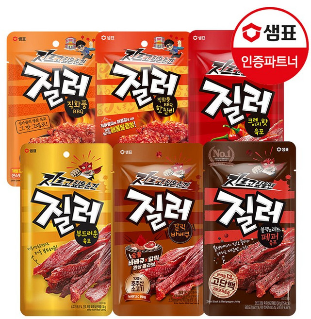 질러 육포 6종 6+6개 골라담기 /부드러운/갈릭바베큐/크레이지핫/직화풍/직화풍핫칠리, 크레이지핫육포 30g 6개, 갈릭바베큐육포 30g 6개, 30g