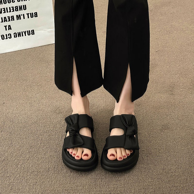 HANLIN 사이드 리본 통굽 슬리퍼 4.5CM 18B03KH