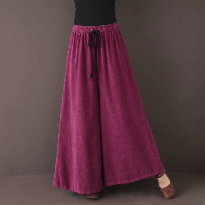 YI MING 여성용 겨울 골덴 기모 바지 보라 코듀로이 와이드형 바지 블랙 밴딩 기모 바지 F457