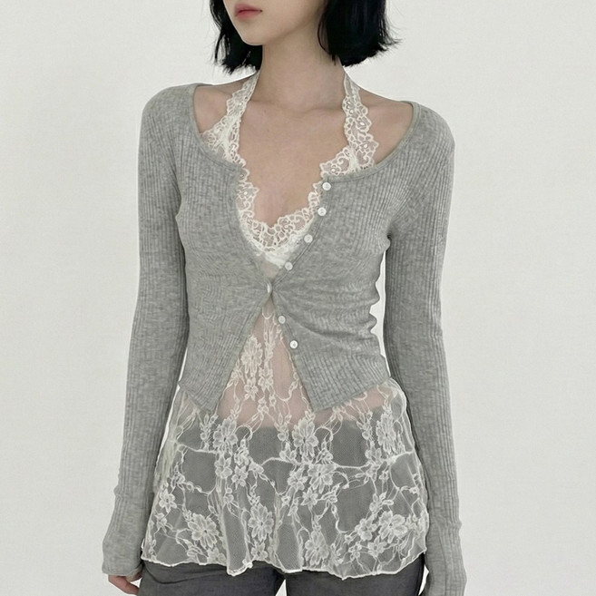 모먼트린 레이스 레이어드 홀터넥 나시